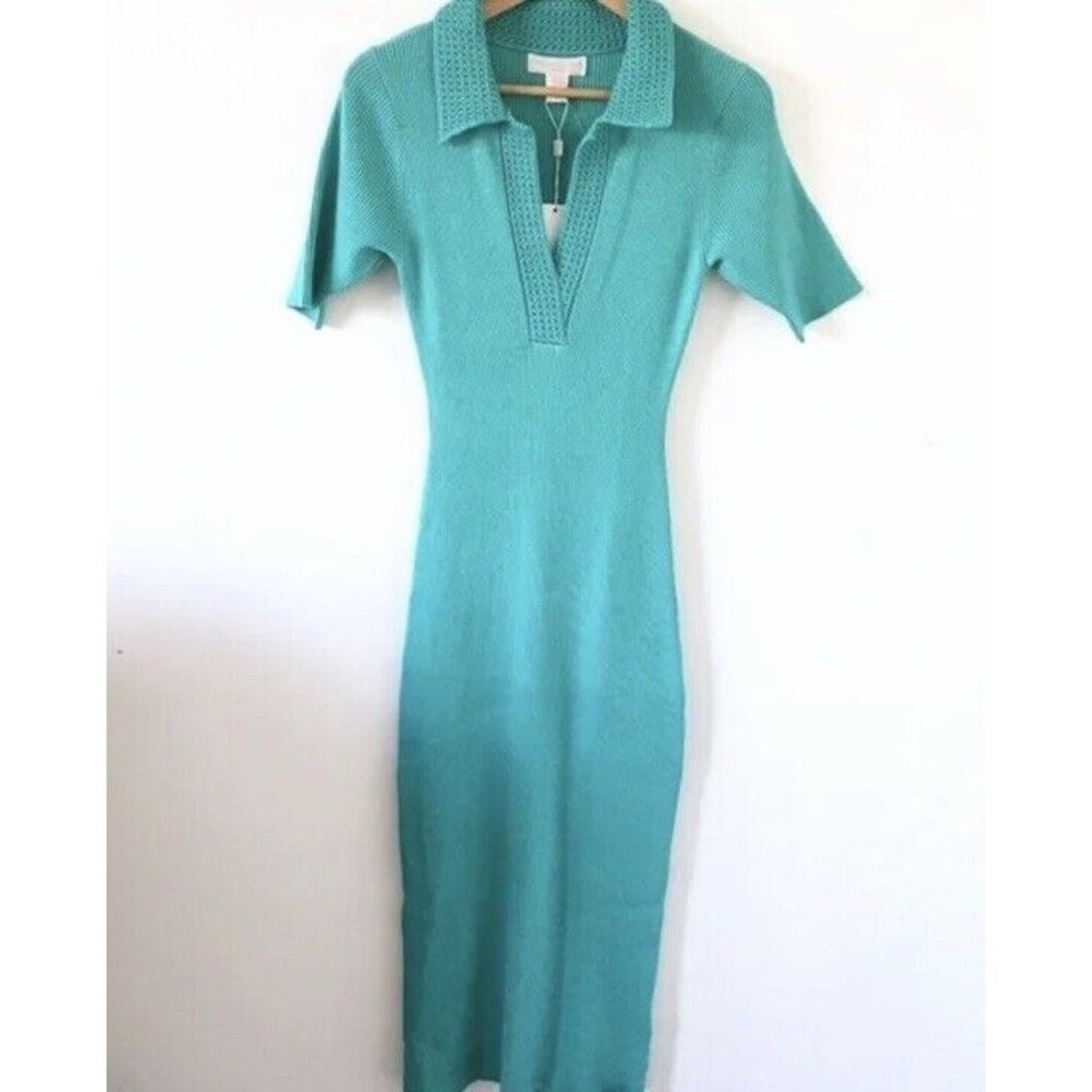 Caroline‎ Constas Turquoise Knit Ribbed Crochet Collar Bodycon Dress Size XS